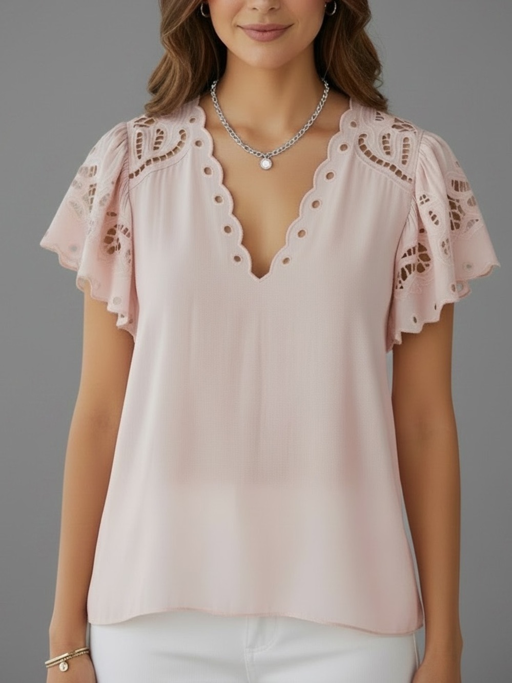 NWT RAMY BROOK Rochelle Eyelet Flutter Short Sleeve V-Neck Blouse Size X-Small